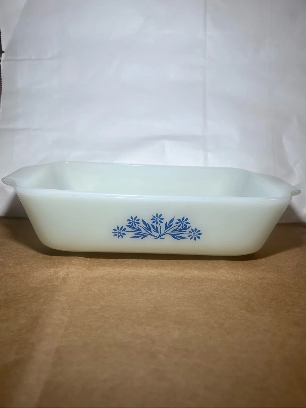 Vintage Anchor Hocking Milk Glass Loaf Baker with Blue Cornflower Design
